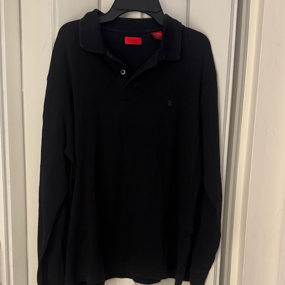 Izod Men's Long Sleeve Polo in Black with Red Neck Tag